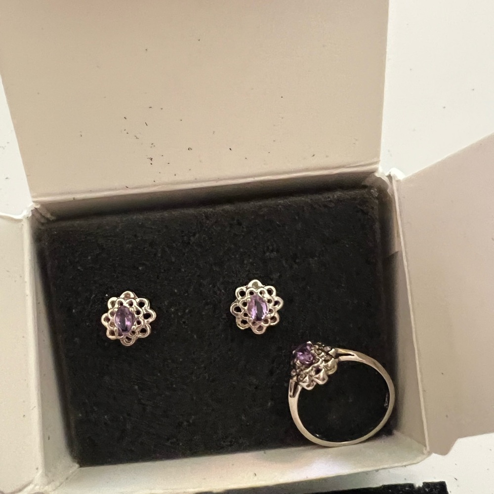 Real Amethyst and Silver Ring and Earrings Vintage Avon